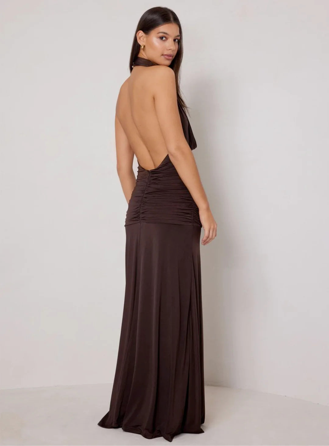 Amora Open-back Dress in chocolate brown with cowl neckline and ruched waist detail — Elle Zeitoune | Endless UAE
