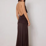 Amora Open-back Dress in chocolate brown with cowl neckline and ruched waist detail — Elle Zeitoune | Endless UAE