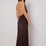 Amora Open-back Dress in chocolate brown with cowl neckline and ruched waist detail — Elle Zeitoune | Endless UAE