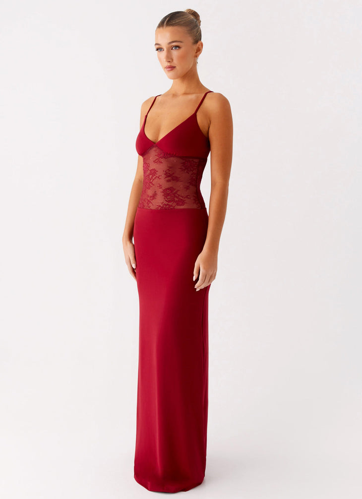 Red maxi dress with lace panel detail and thin straps, floor-length silhouette — Peppermayo | Endless UAE