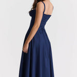 Woman wearing navy blue Carmen French Bustier Sundress with sweetheart neckline — Endless | Endless UAE