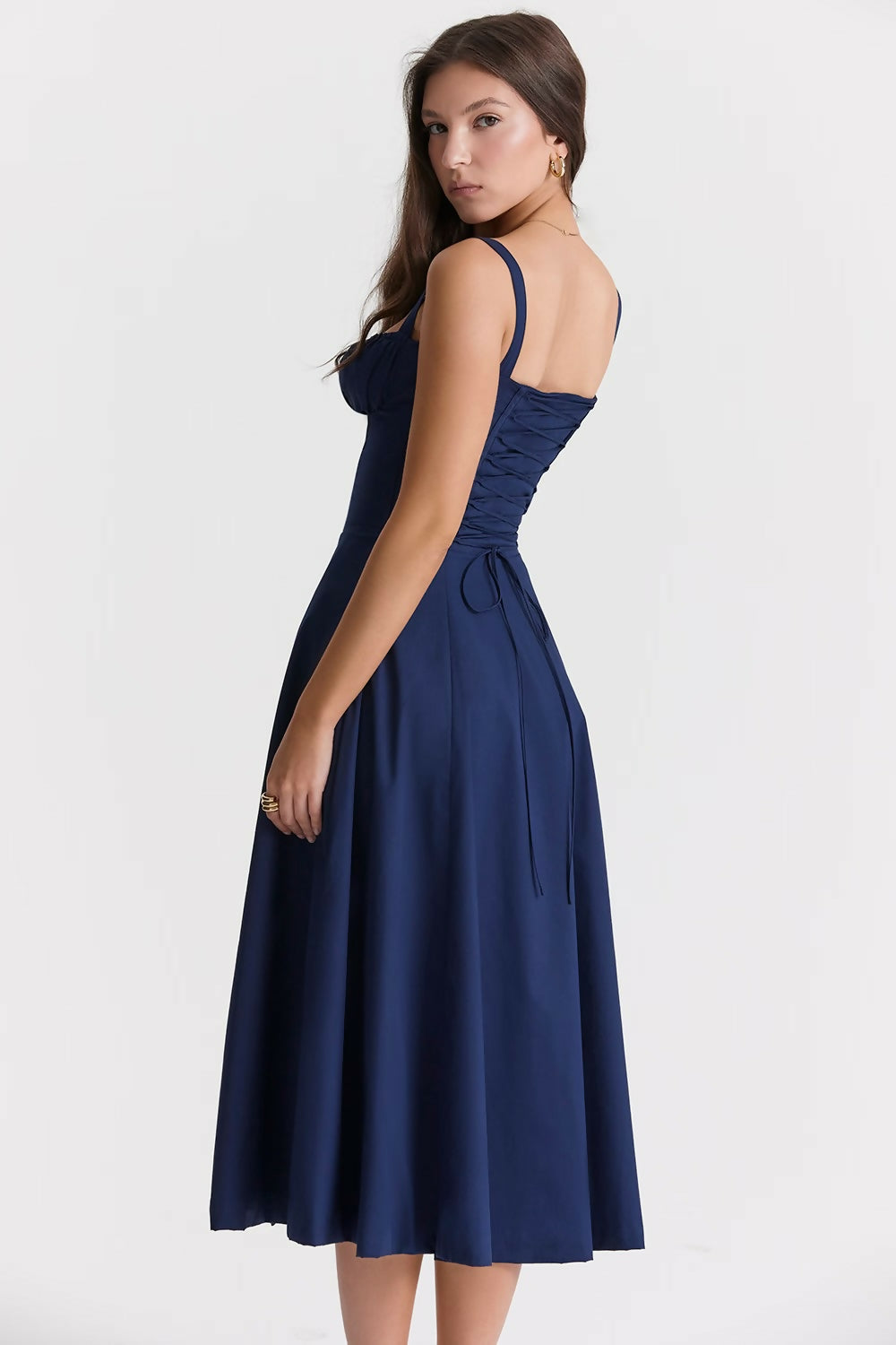 Woman wearing navy blue Carmen French Bustier Sundress with sweetheart neckline — Endless | Endless UAE