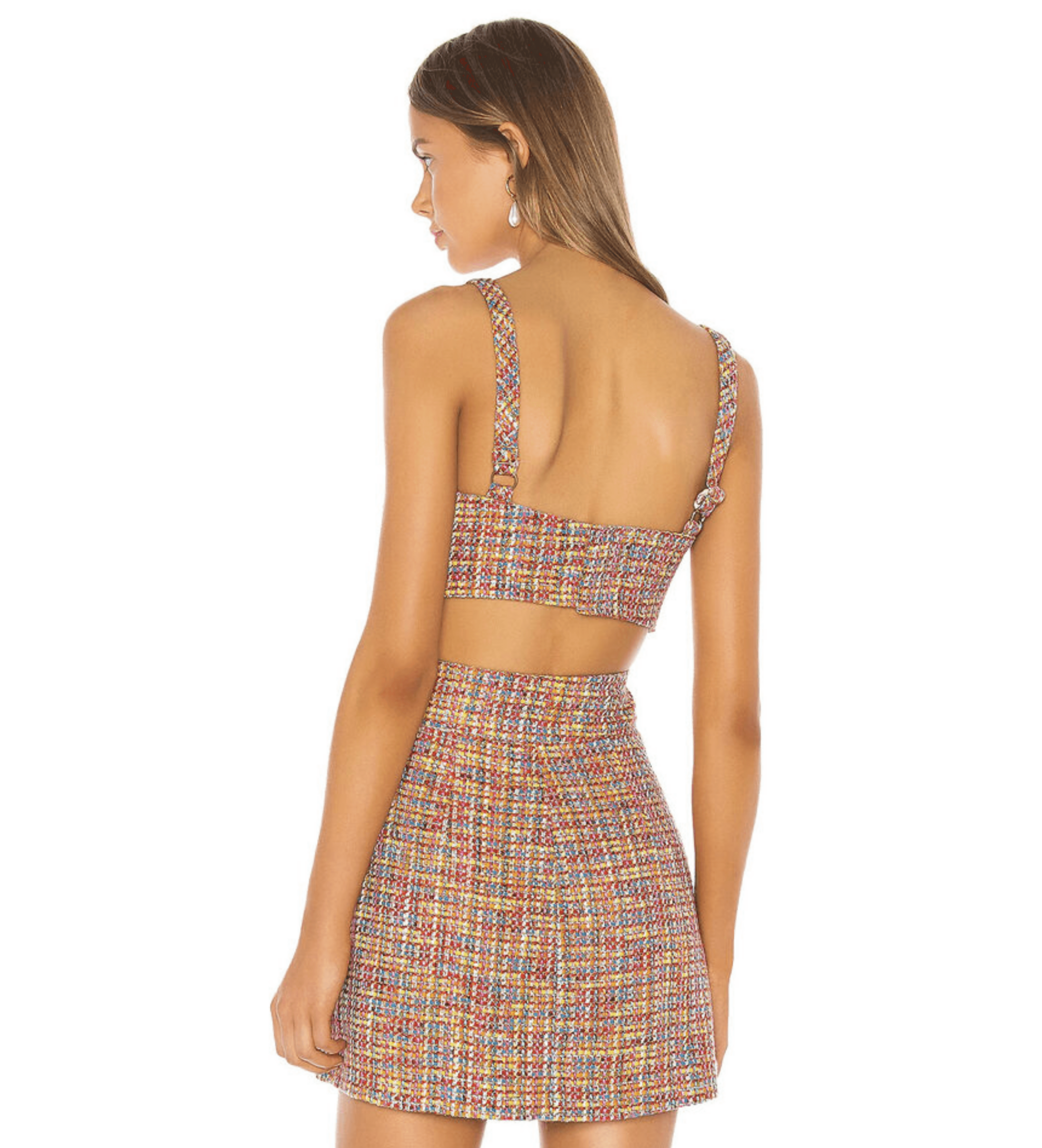Multicolored tweed crop top with thick straps and back cutout detail, worn with matching skirt — Song of Style | Endless UAE