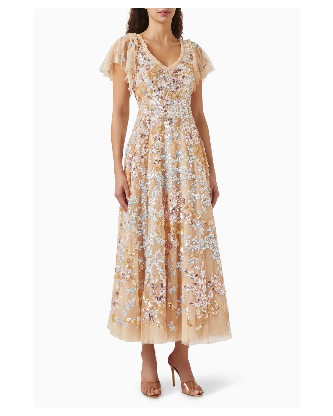 Champagne sequined midi gown with flutter sleeves and tulle overlay — Needle & Thread | Endless UAE