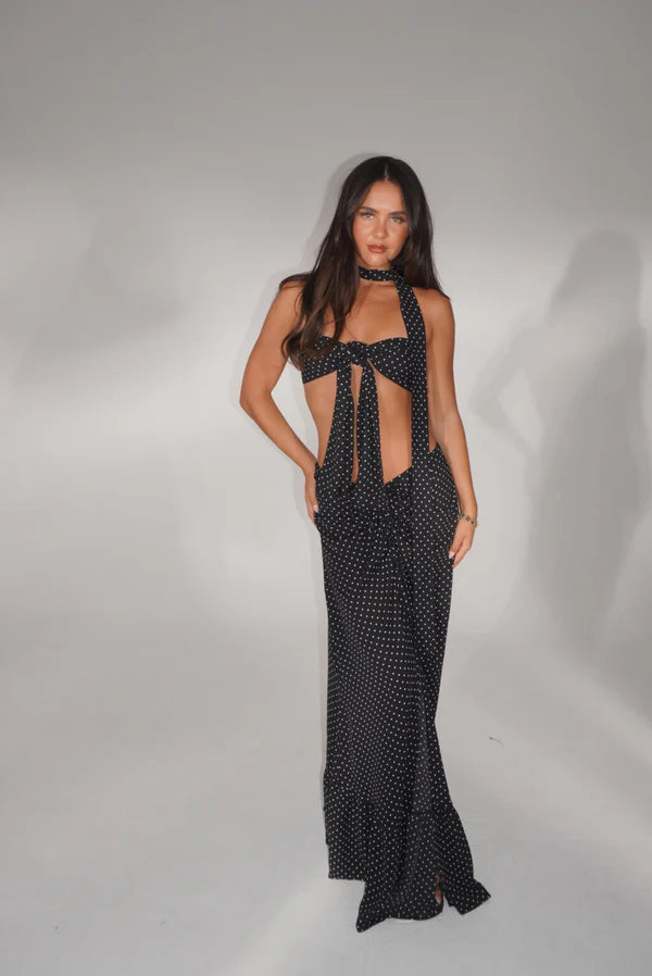 Black polka dot halter neck co-ord set with cutout detail — Deme Studio | Endless UAE