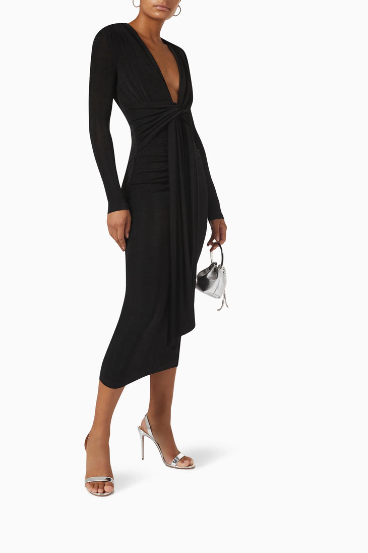 Black long-sleeve midi dress with deep V-neckline and twisted front detail — Misha | Endless UAE