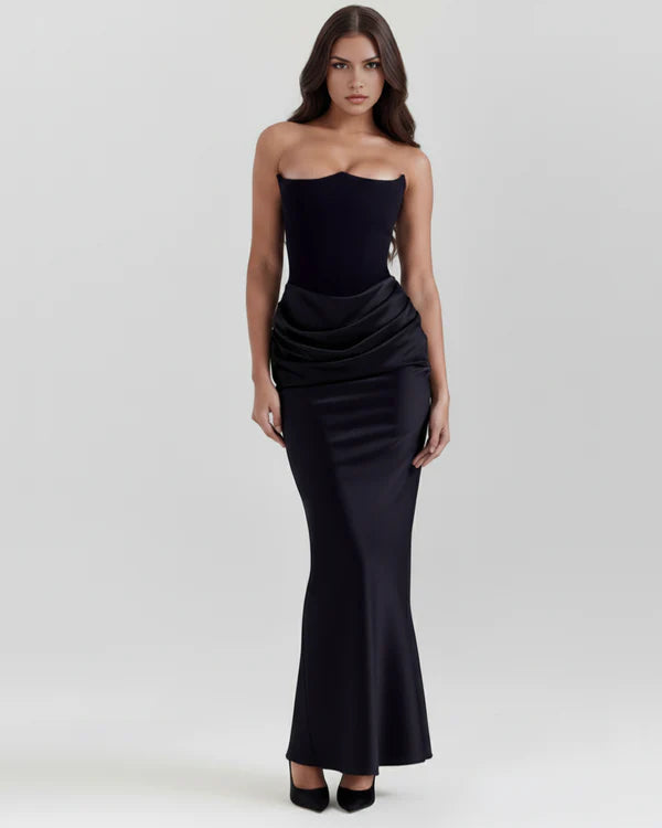 Elegant strapless black velvet maxi dress with ruched waist detail and mermaid silhouette — Almond Muse | Endless UAE