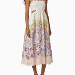 Floral print midi dress with scalloped edges, cutout waist detail, and thin straps in cream with purple-yellow blooms — Zimmermann | Endless UAE