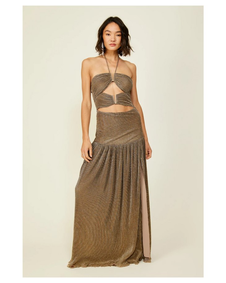 Gold halter cutout maxi dress with pleated skirt detail — Line & Dot | Endless UAE