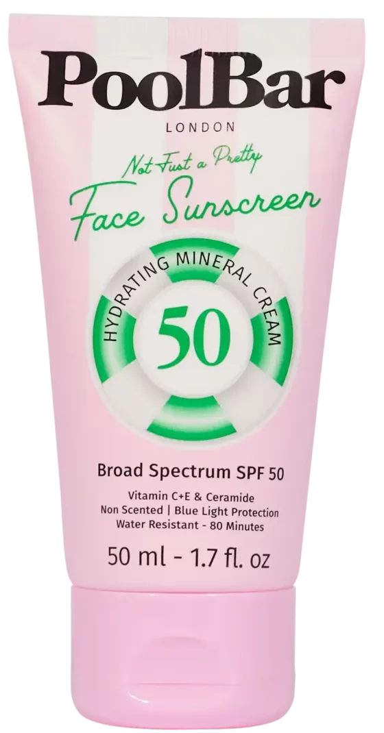 Pink tube of PoolBar London SPF 50 face sunscreen with hydrating mineral formula and blue light protection — PoolBar London | Endless UAE