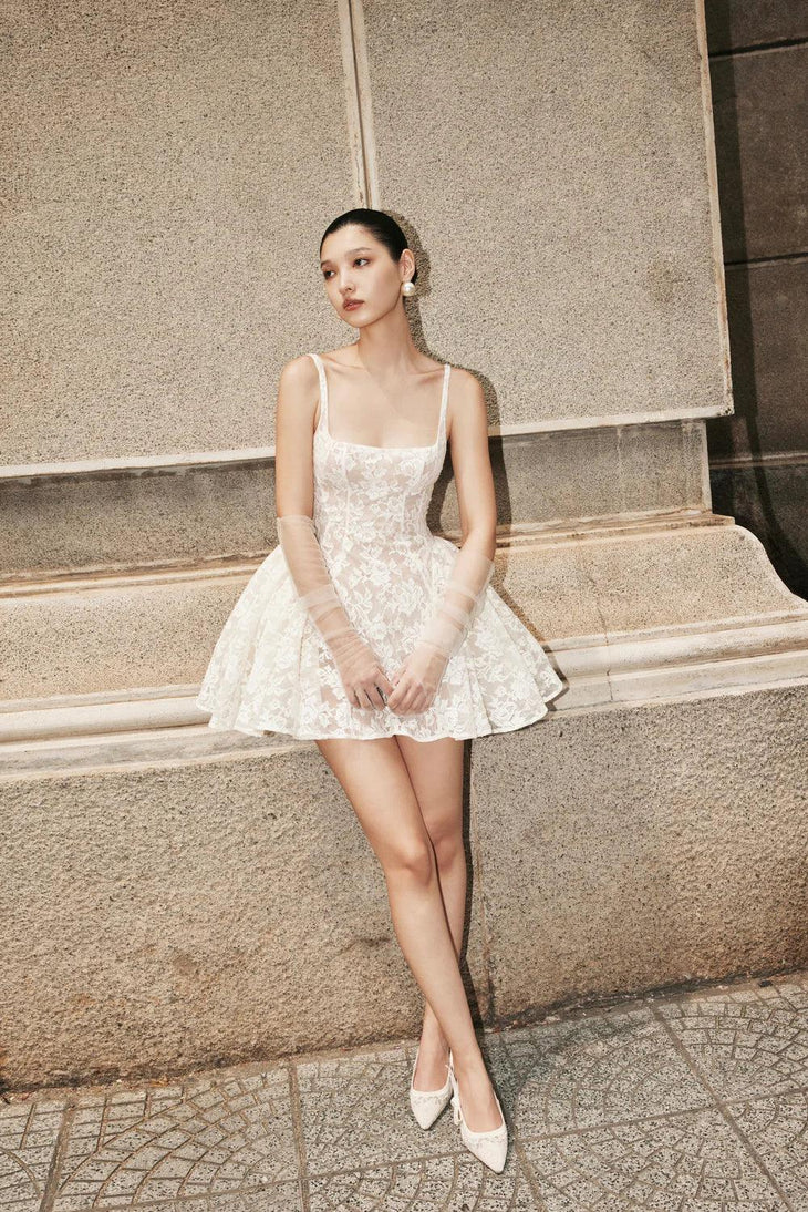 Rosalie ivory lace fit-and-flare mini dress with square neckline — Huong Boutique | Endless UAE