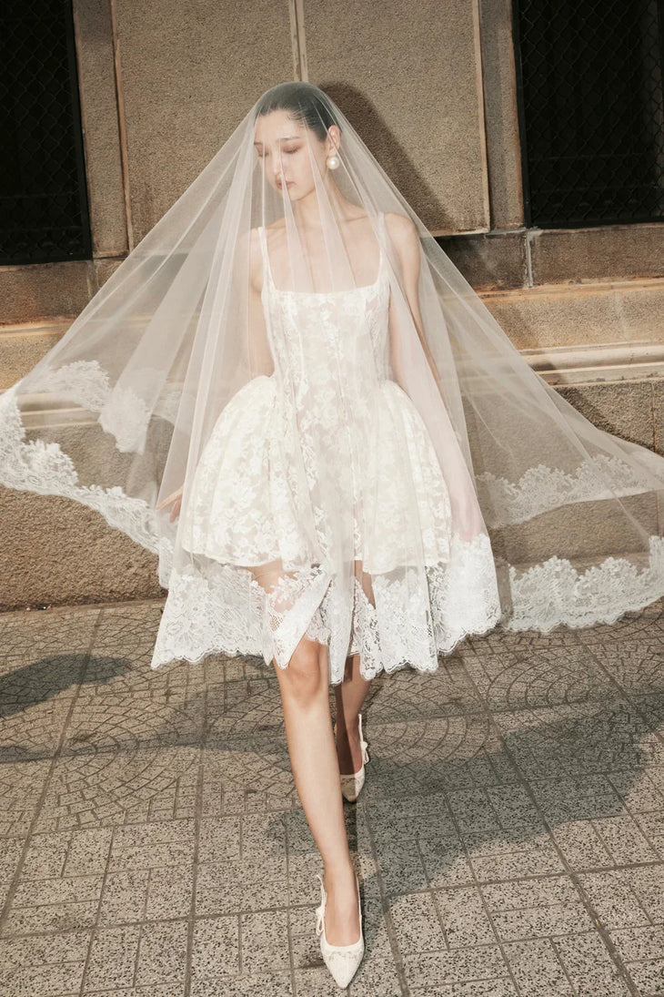 Rosalie ivory lace fit-and-flare mini dress with square neckline — Huong Boutique | Endless UAE