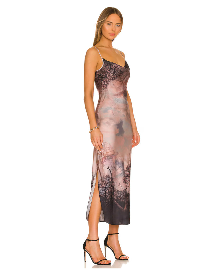 Hadley Sumire Dress in pink and dark floral print with side slit, spaghetti straps, midi length slip silhouette — AllSaints | Endless UAE