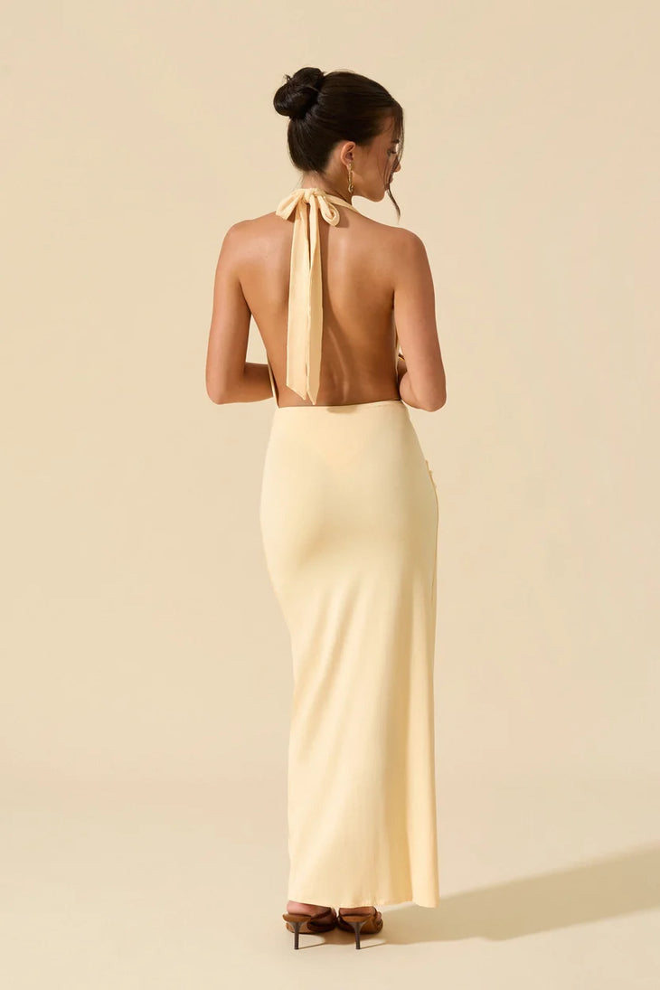 Cream halter maxi dress with draped waist detail and high slit — Flook The Label | Endless UAE