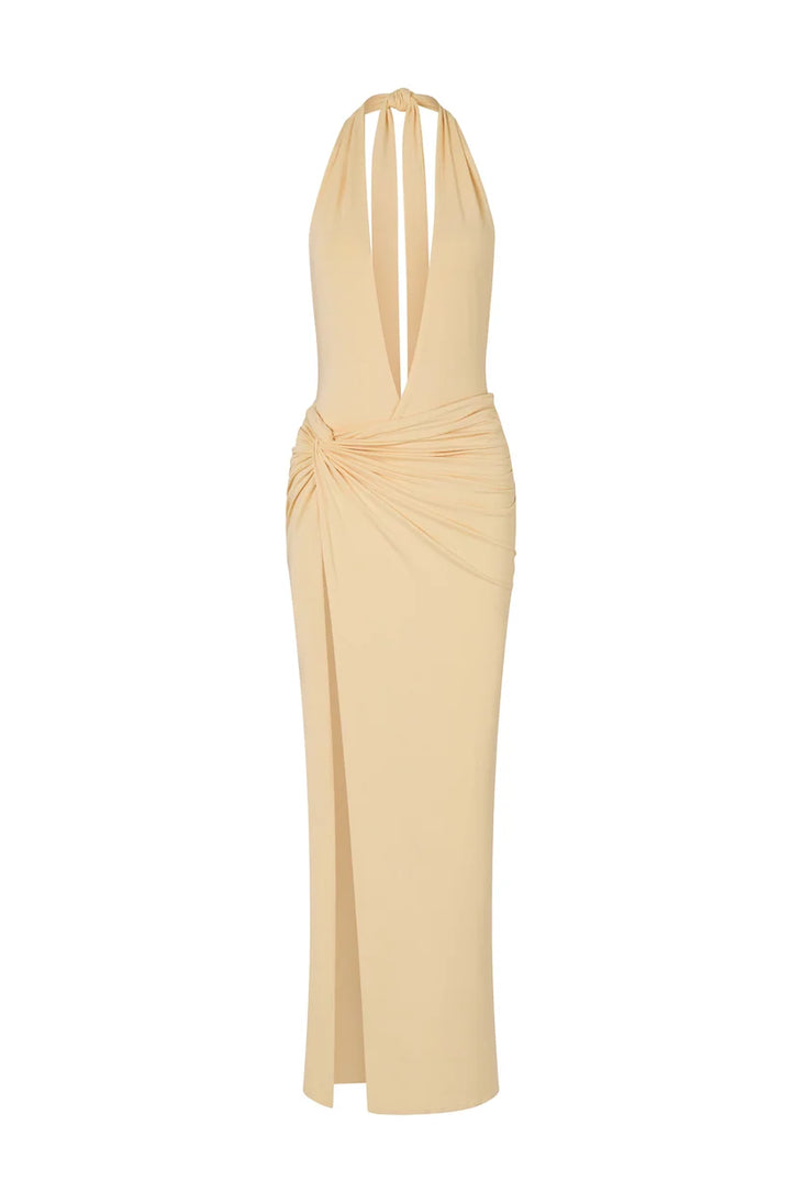 Cream halter maxi dress with draped waist detail and high slit — Flook The Label | Endless UAE