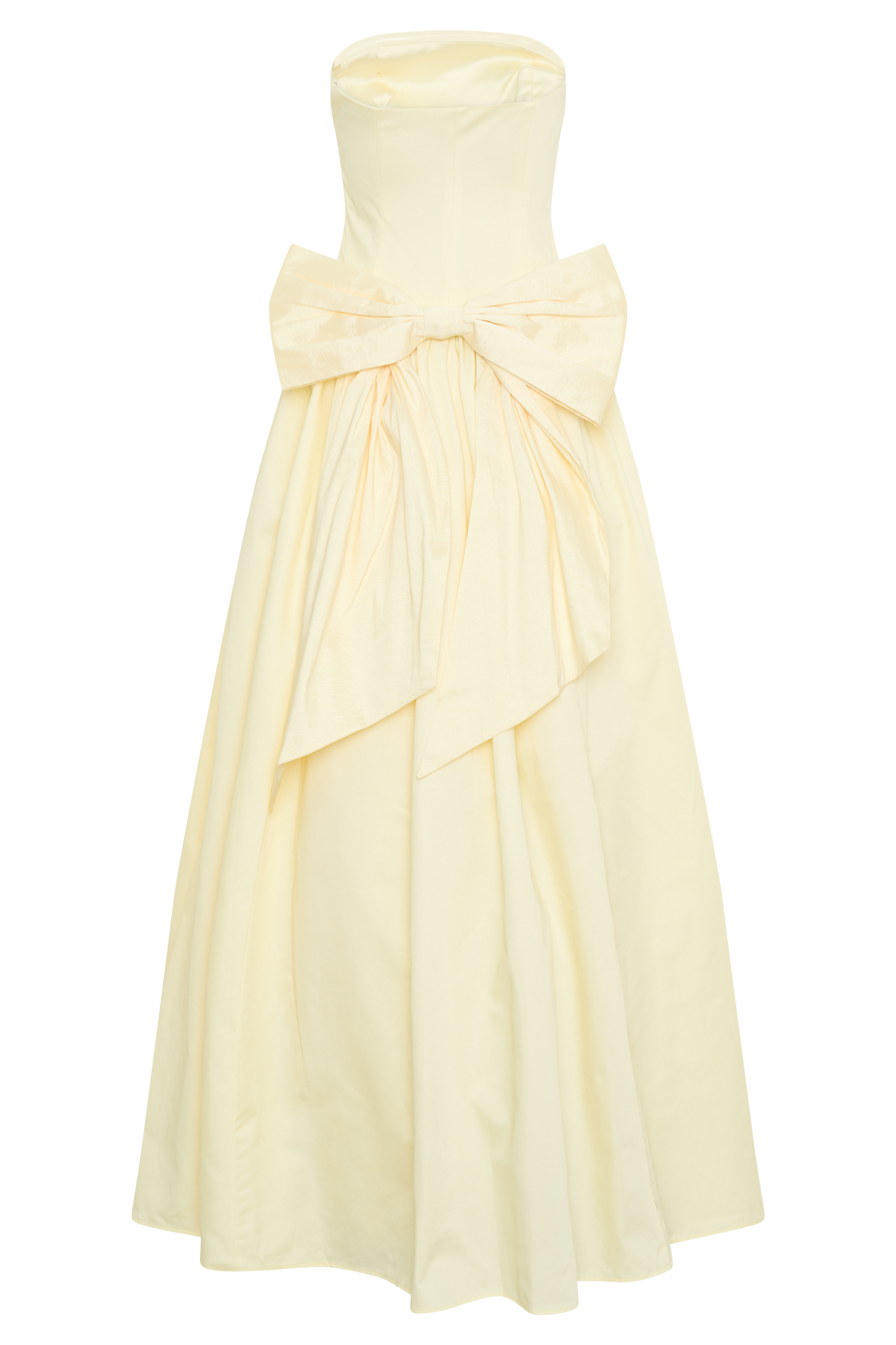 Pale yellow strapless maxi dress with oversized bow detail at waist and flowing A-line skirt — Meshki | Endless UAE
