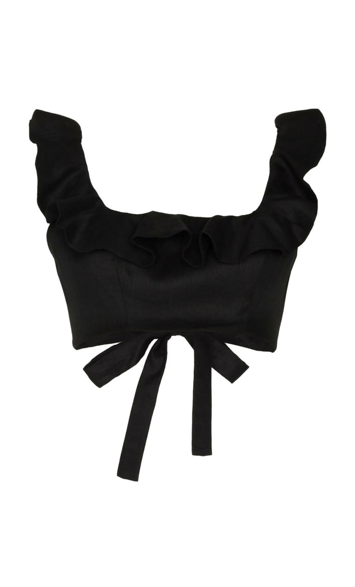 Black cropped top with ruffled neckline and tie-back detail — Zimmermann | Endless UAE