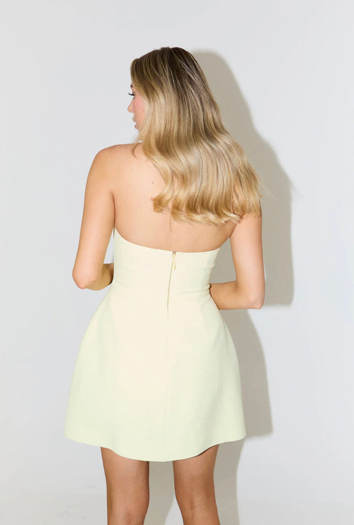 Rear view of woman wearing pale yellow strapless structured mini dress with back zipper — Odd Muse | Endless UAE