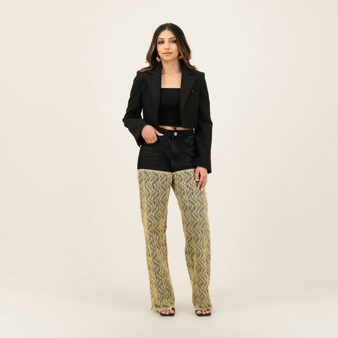 Black and beige snake print denim jeans with straight leg fit — Quab | Endless UAE