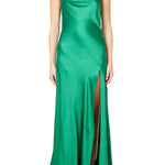 Green satin slip dress with cowl neckline and thigh-high slit — Daname | Endless UAE