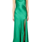 Green satin slip dress with cowl neckline and thigh-high slit — Daname | Endless UAE