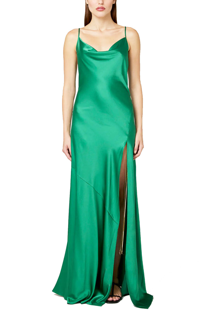 Green satin slip dress with cowl neckline and thigh-high slit — Daname | Endless UAE