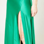 Green satin slip dress with cowl neckline and thigh-high slit — Daname | Endless UAE