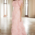 Genevieve Ruffled Gown in blush tulle with cascading ruffles and short sleeves — Needle & Thread | Endless UAE
