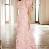 Genevieve Ruffled Gown in blush tulle with cascading ruffles and short sleeves — Needle & Thread | Endless UAE
