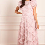 Genevieve Ruffled Gown in blush tulle with cascading ruffles and short sleeves — Needle & Thread | Endless UAE