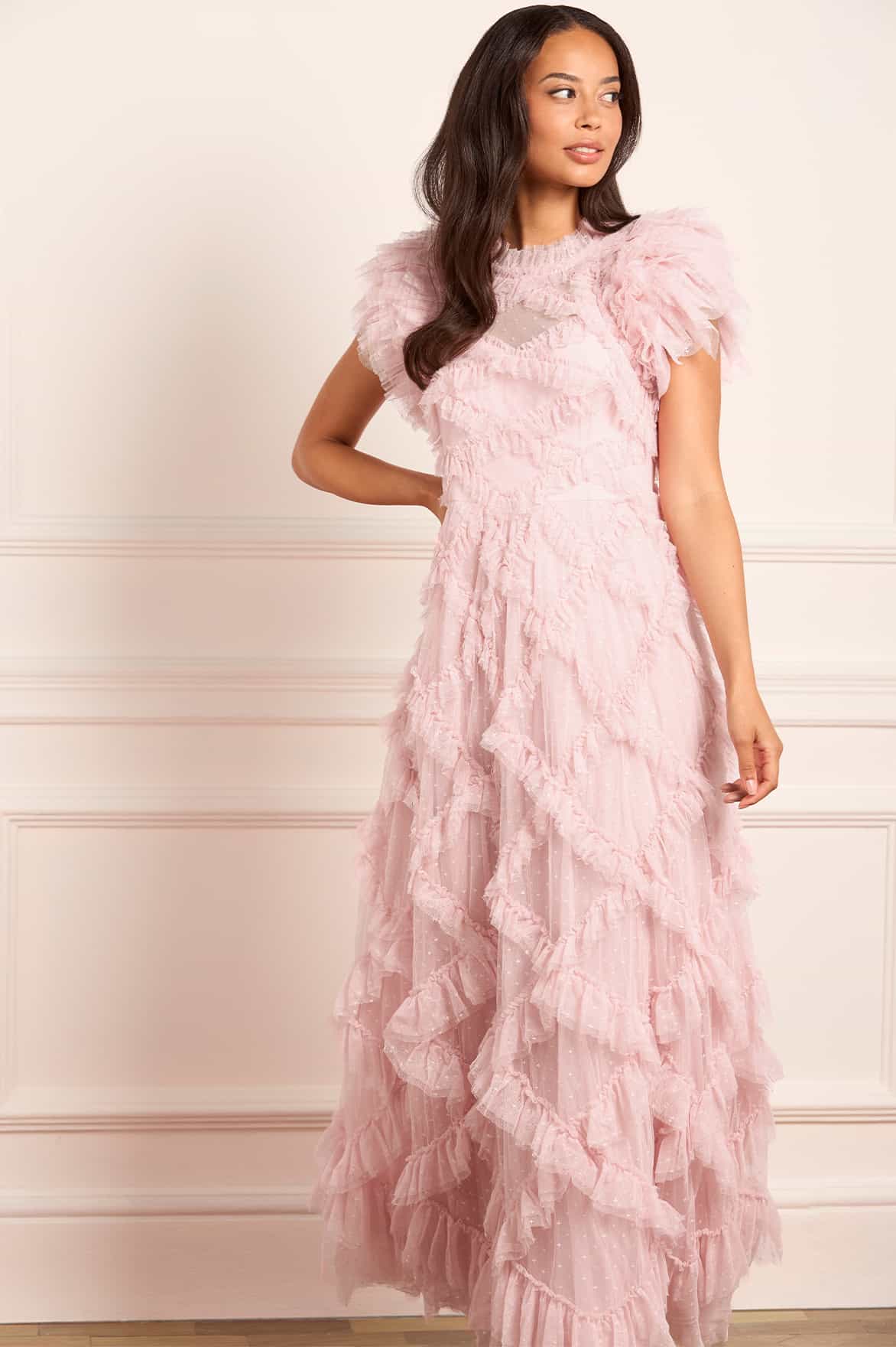 Genevieve Ruffled Gown in blush tulle with cascading ruffles and short sleeves — Needle & Thread | Endless UAE