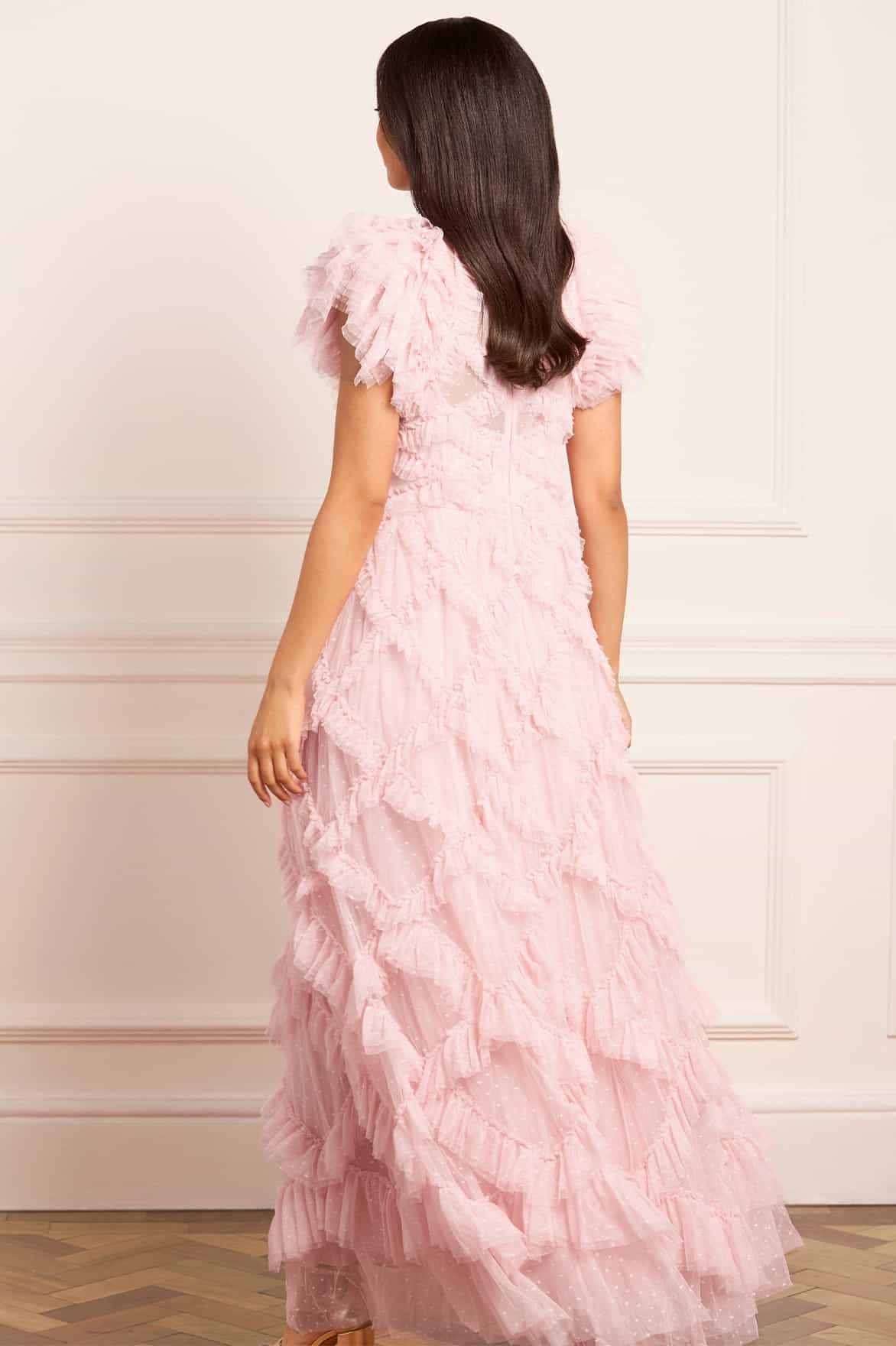 Genevieve Ruffled Gown in blush tulle with cascading ruffles and short sleeves — Needle & Thread | Endless UAE