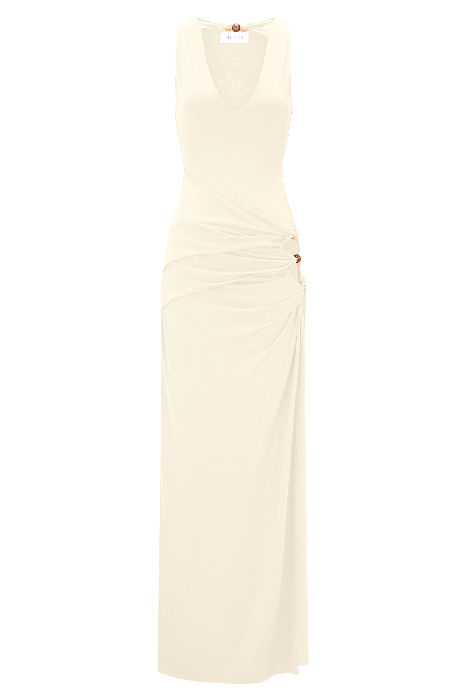 Cream sleeveless maxi dress with beaded neckline and side cutouts — Meshki | Endless UAE