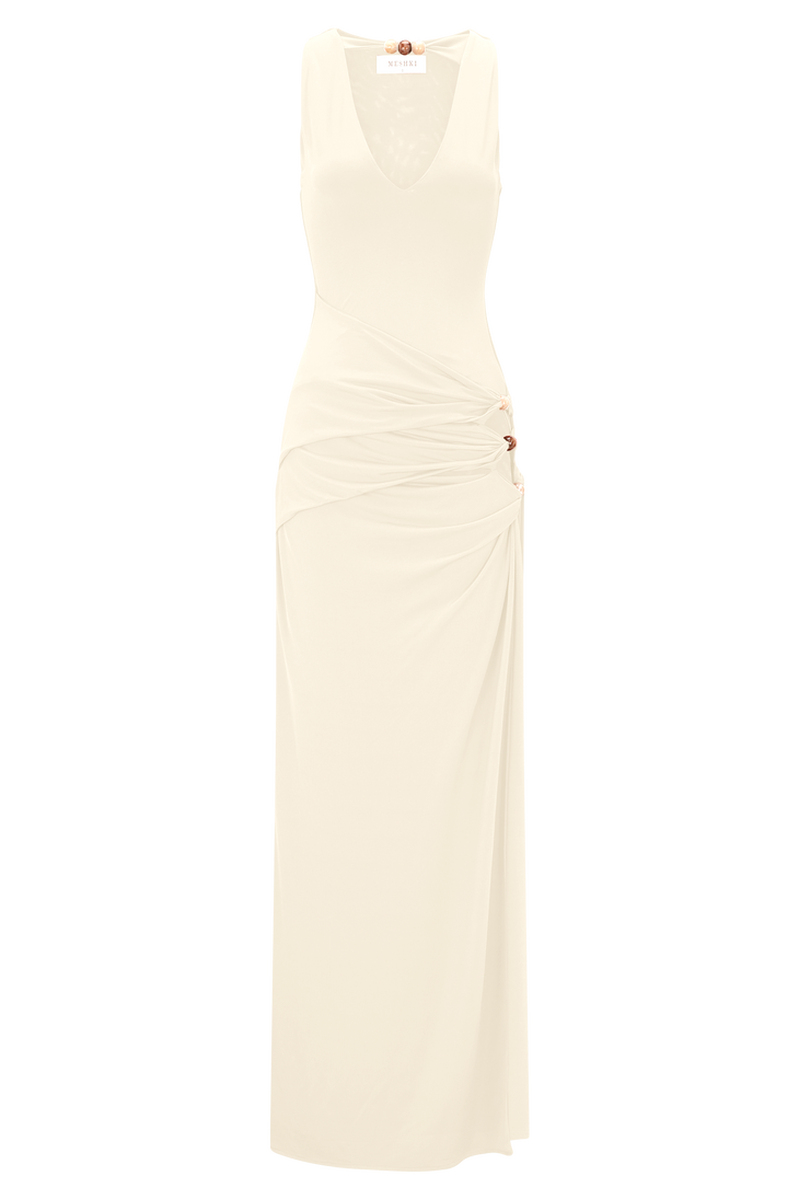 Cream sleeveless maxi dress with beaded neckline and side cutouts — Meshki | Endless UAE
