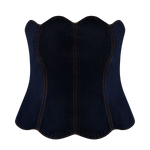 Dark blue strapless denim corset top with scalloped edges and contrast stitching detail — Meshki | Endless UAE