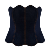 Dark blue strapless denim corset top with scalloped edges and contrast stitching detail — Meshki | Endless UAE