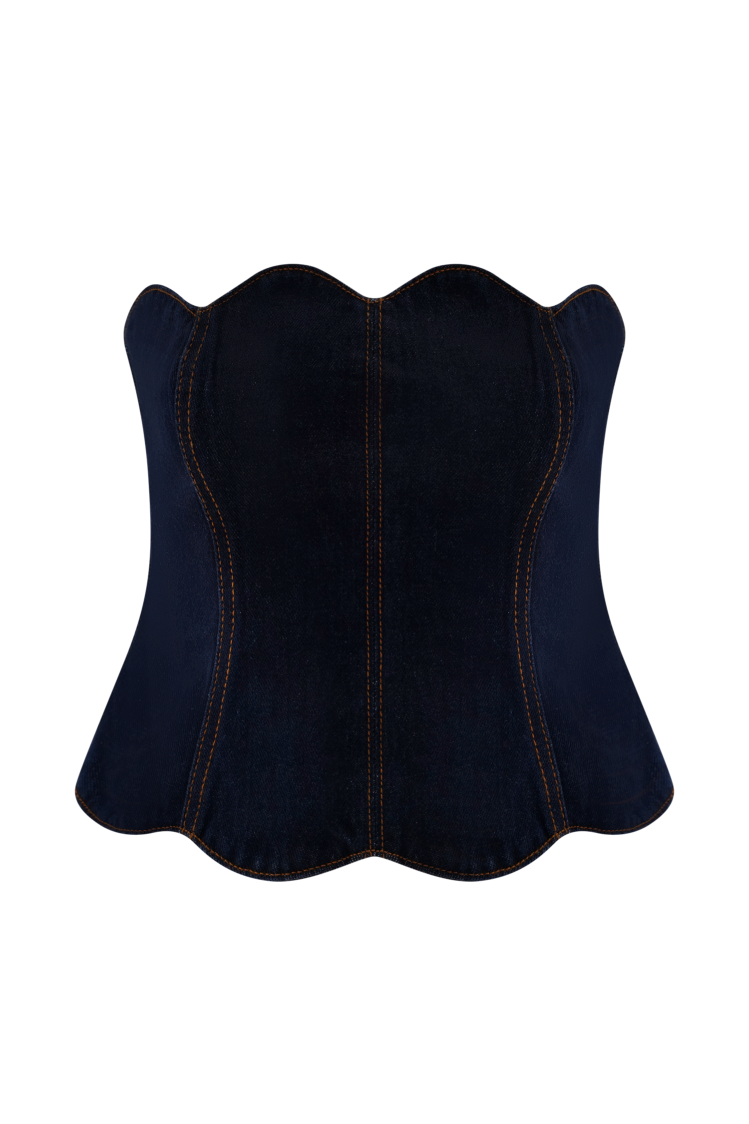 Dark blue strapless denim corset top with scalloped edges and contrast stitching detail — Meshki | Endless UAE