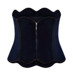 Dark blue denim strapless corset top with scalloped edges, contrast stitching, and front zipper closure — Meshki | Endless UAE