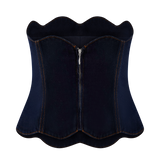 Dark blue denim strapless corset top with scalloped edges, contrast stitching, and front zipper closure — Meshki | Endless UAE