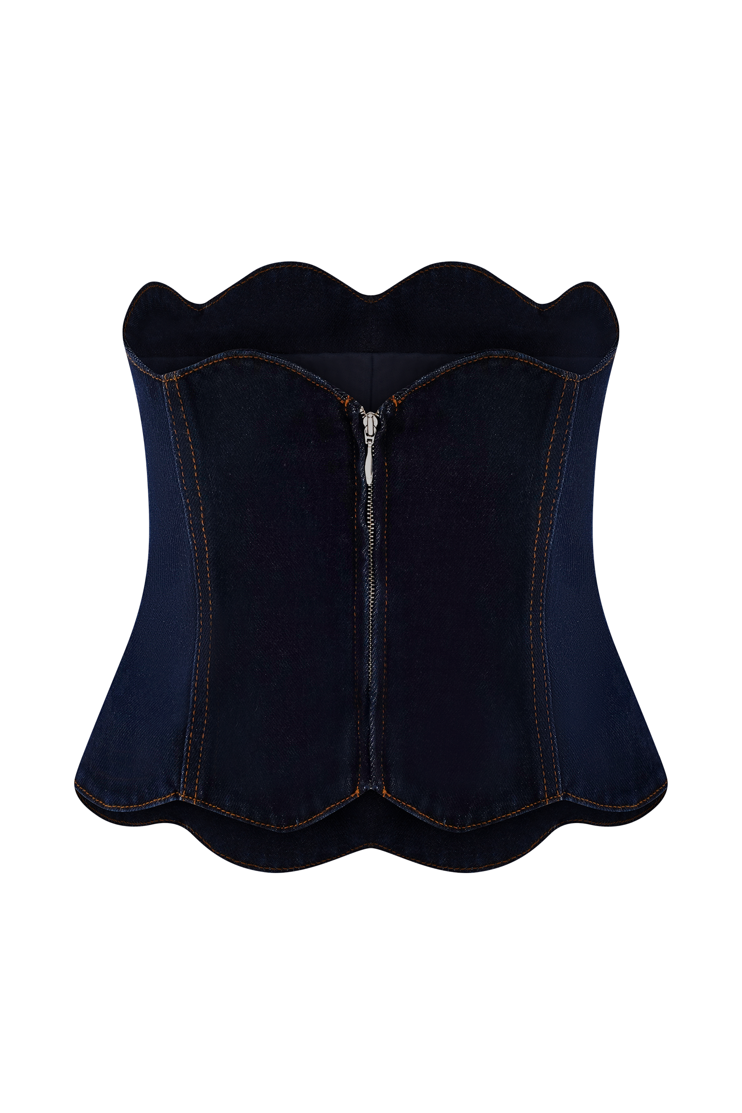Dark blue denim strapless corset top with scalloped edges, contrast stitching, and front zipper closure — Meshki | Endless UAE