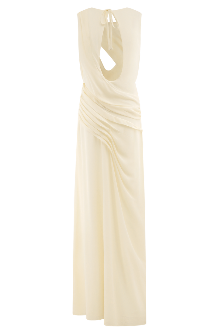 Cream sleeveless maxi dress with draped cowl back, keyhole detail, and gathered waist ruching — Meshki | Endless UAE