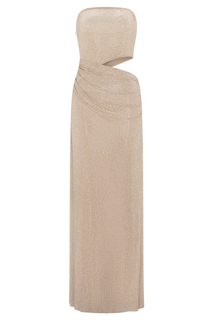 Starla Strapless Diamante Maxi Dress in champagne with cutout detail — Meshki | Endless UAE