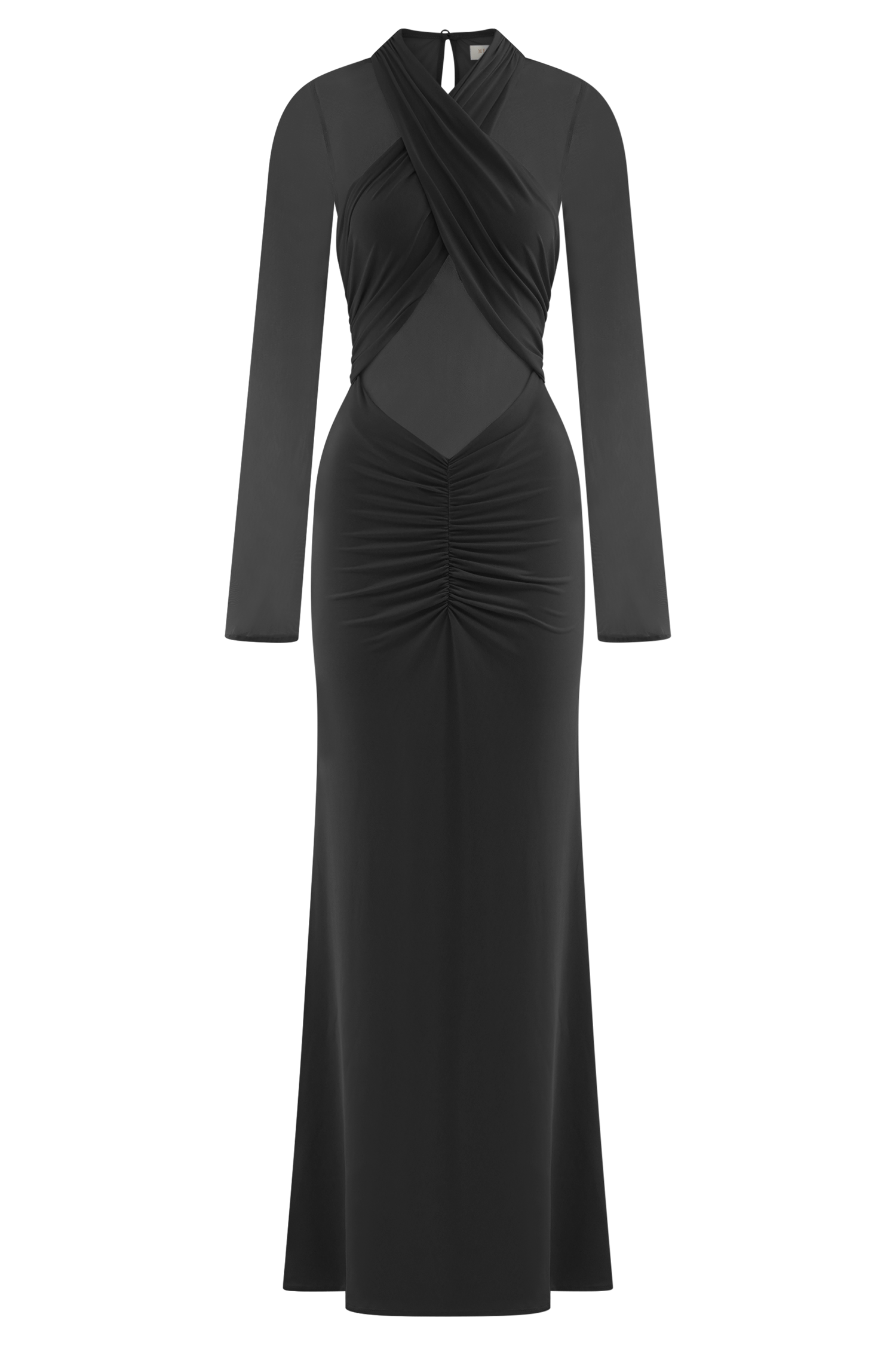 Black slinky maxi dress with mesh long sleeves and cutout details — Meshki | Endless UAE