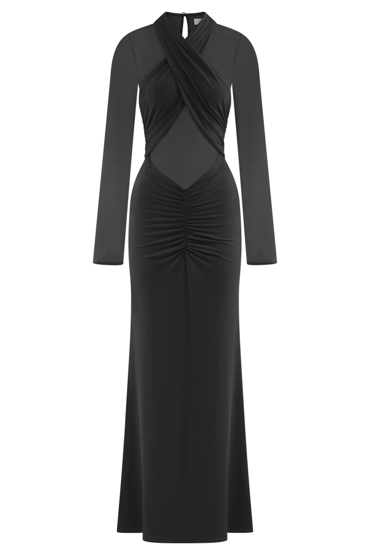 Black slinky maxi dress with mesh long sleeves and cutout details — Meshki | Endless UAE