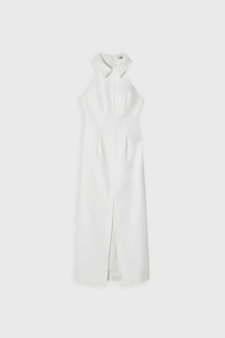 White halter collar maxi dress with front slit and pockets — Odd Muse | Endless UAE
