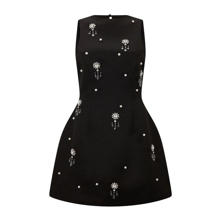 Black satin sleeveless mini dress with scattered crystal and pearl embellishments throughout — Odd Muse | Endless UAE