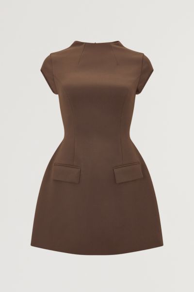 Brown cap sleeve mini dress with front pockets and fitted silhouette — Odd Muse | Endless UAE