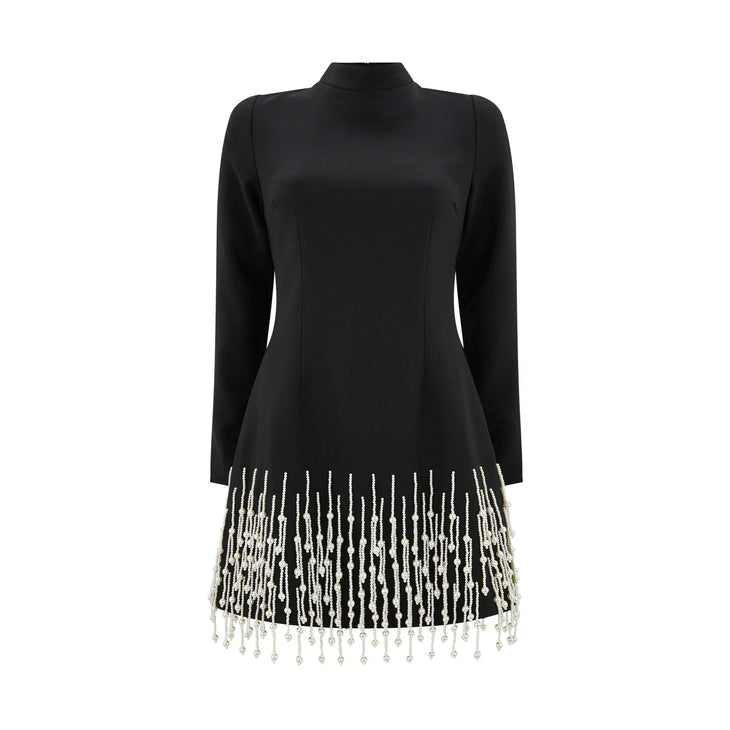 Pearl Sleeved Black Dress with White Fringe Hem — Odd Muse | Endless UAE