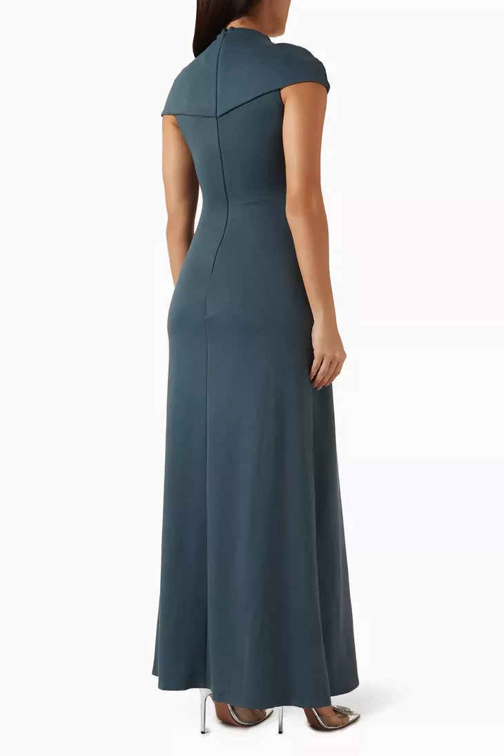 The Ultimate Muse Knitted Cap Sleeve Maxi Dress in teal, back view showing fitted silhouette — Odd Muse | Endless UAE