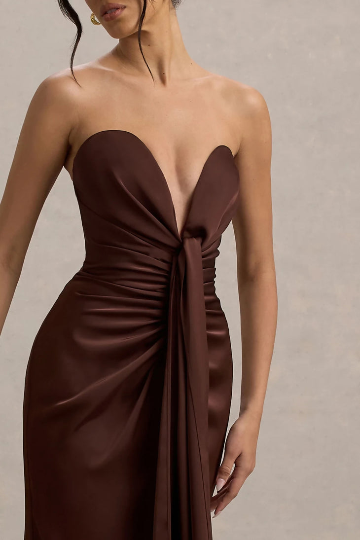 Chocolate brown strapless satin maxi dress with plunging neckline and draped waist detail — Club L London | Endless UAE